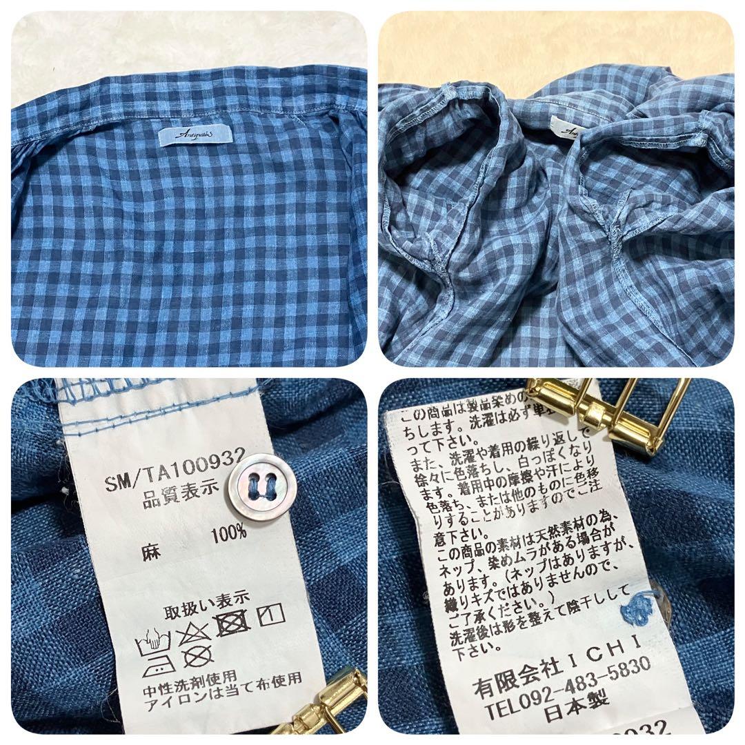 極美品 ICHI Antiquites リネン チェック シャツ ワンピース 青 - メルカリ