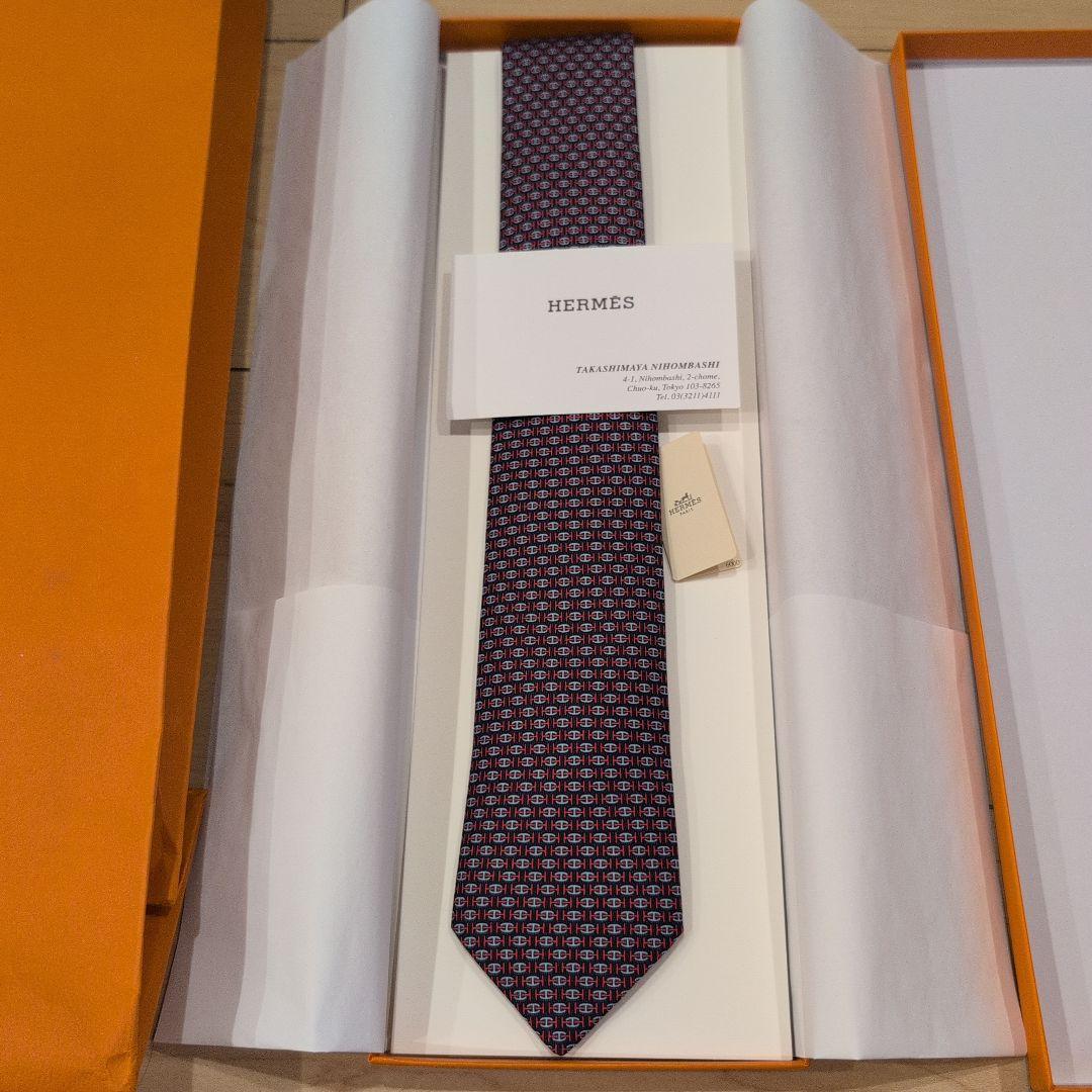 新品 HERMÈS エルメス シルクネクタイ ネイビー レッド ネクタイ 総柄 シルク ネイビー レッド エルメス – RECLO