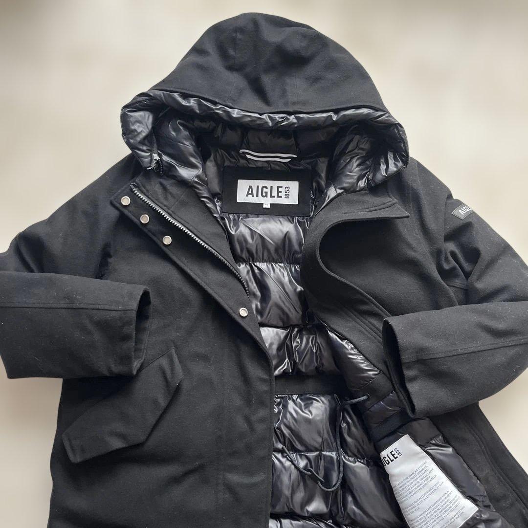 かりんとうさん専用美品 42 AIGLE ブラック ロングコート フード付 L