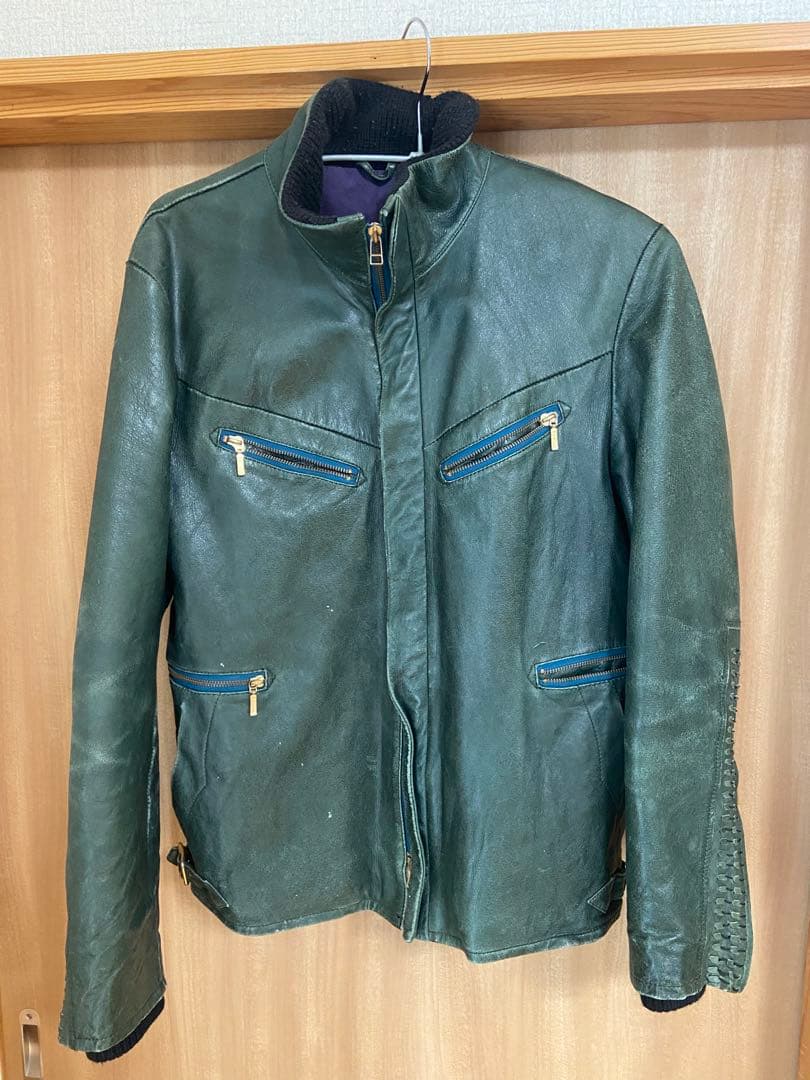アバハウス　ダークグリーン レザー シングルライダースジャケット　Y2K シープレザーシングルライダース （レザーブルゾン・ジャケット