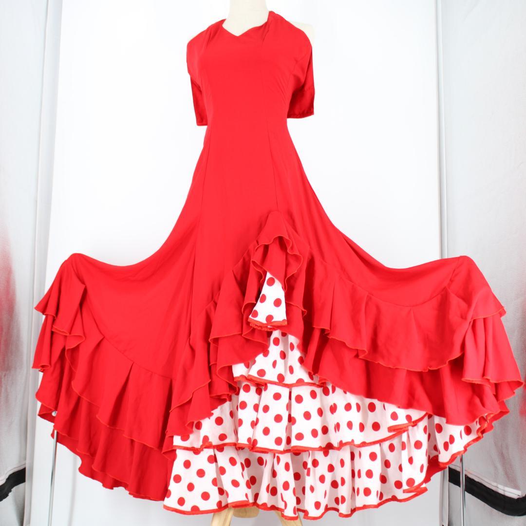美品 フラメンコ衣装】レッド×豪華ボランテ ワンピース ドレス 水玉