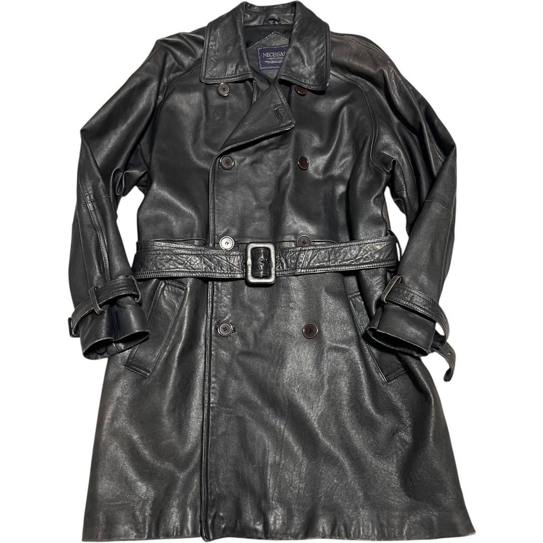 NECESSARY】羊革 本革 マキシ丈ラムレザーロングトレンチコート 黒 L