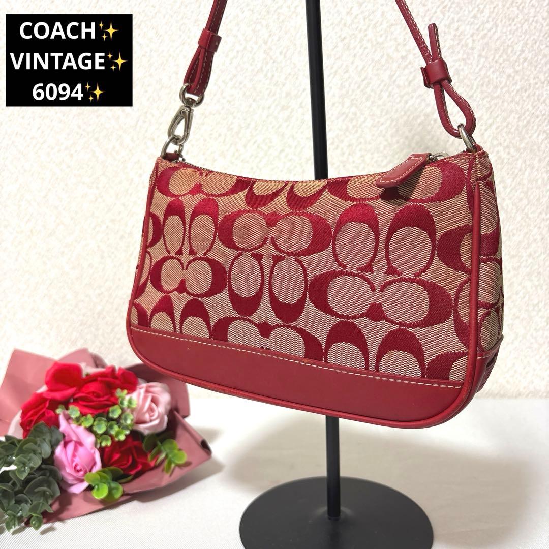希少 COACH コーチ シグネチャー レッド アクセサリーポーチ 6094の