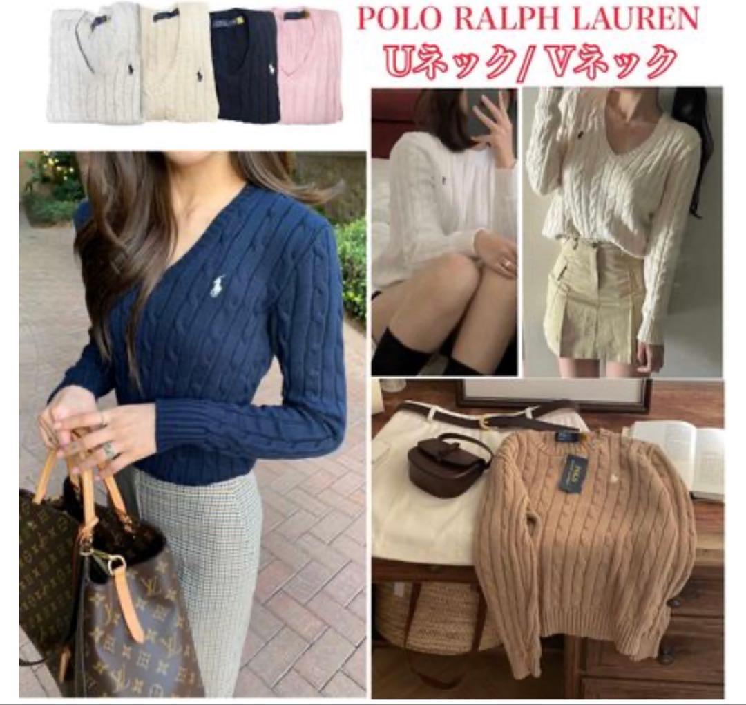POLO RALPH LAUREN ネイビー Vネックニット Polo Ralph Lauren Womens 100% Cotton Cable Knit V-Neck Sweater