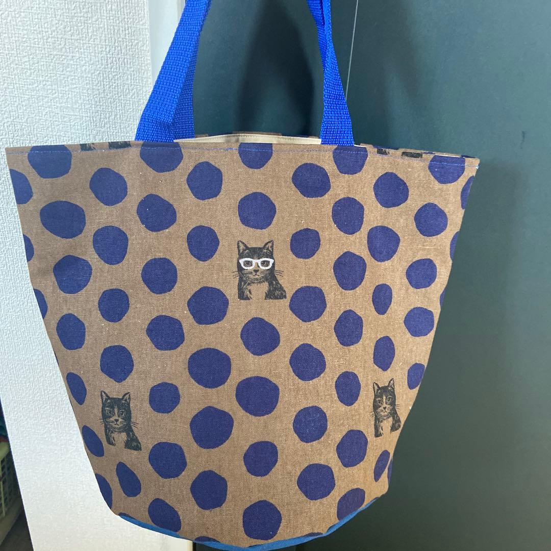 エチノ生地使用ドット猫まる底バケツ型トートバッグハンドメイド