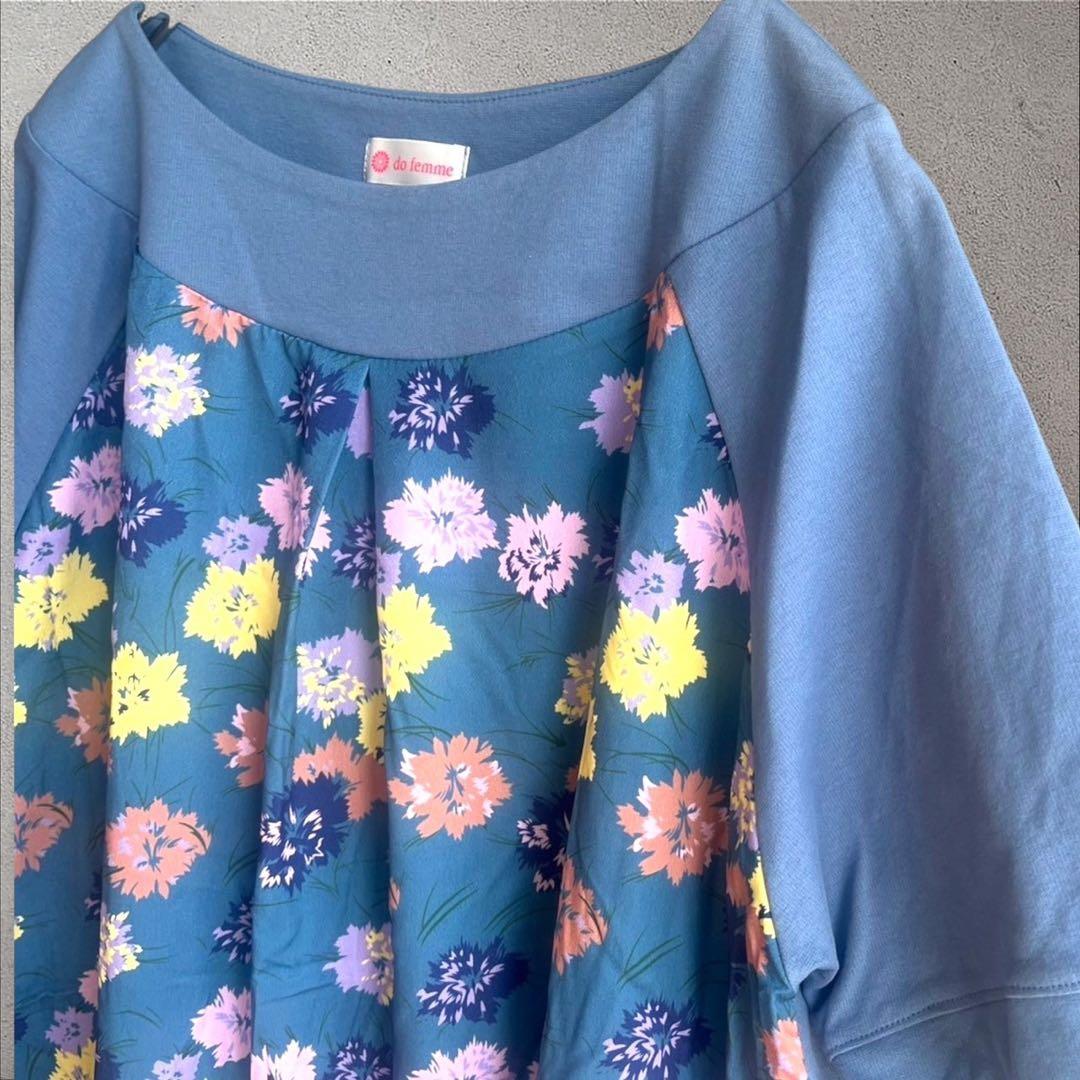 do femme 花柄チュニック カットソー 金ボタン Mサイズ 半袖 ブルー