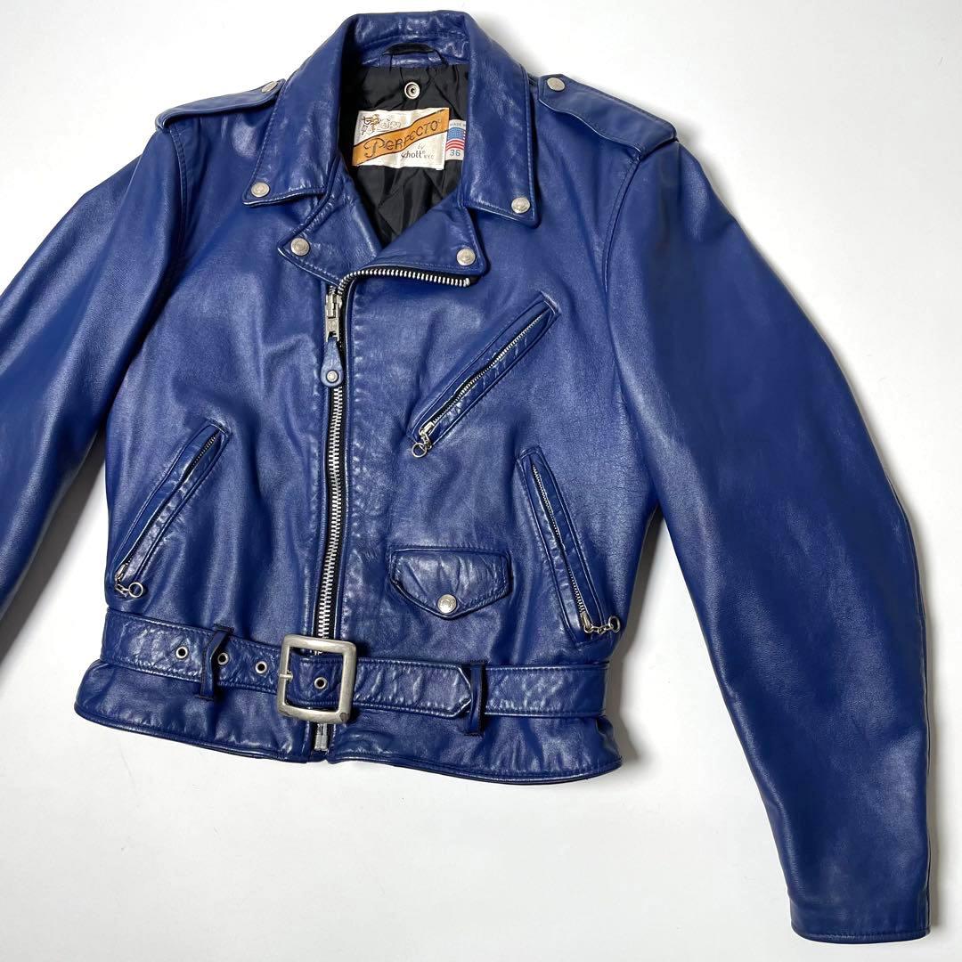 希少】米国製 Schott レザー ライダースジャケット 青 ダブル 36