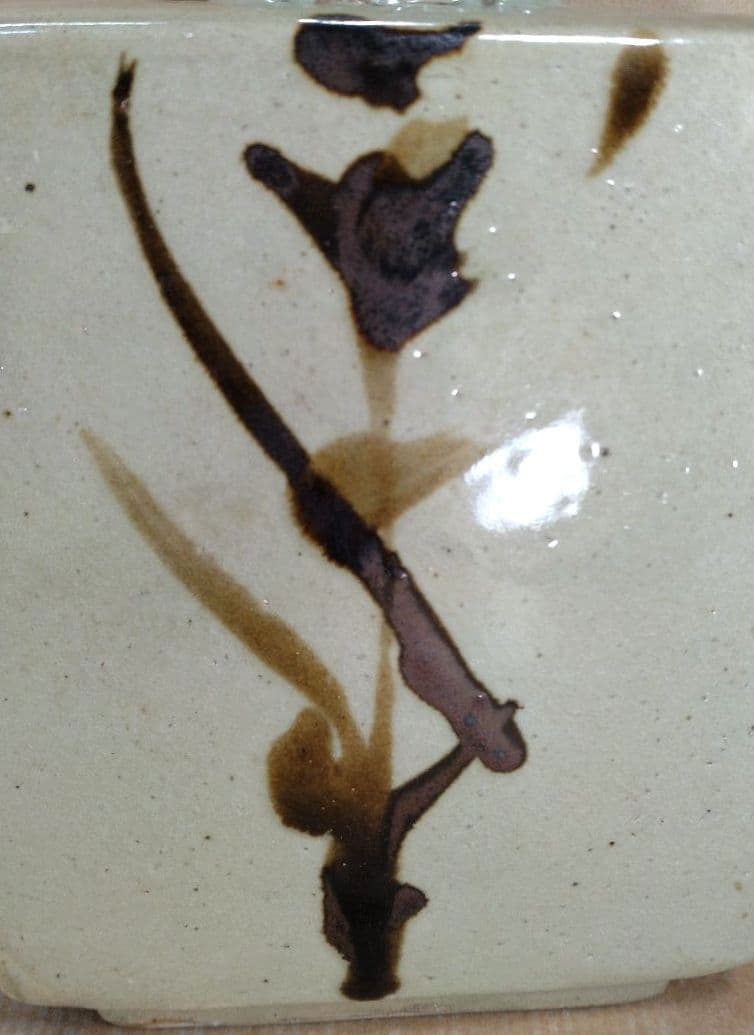 濱田庄司(浜田庄司) 白釉鐵絵扁壷 共箱 人間国宝 益子焼 美品 黍花文