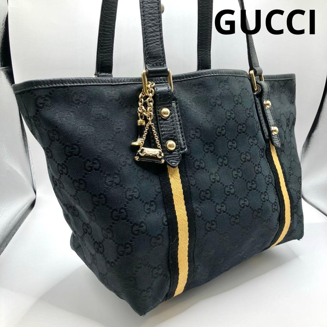 良品】GUCCI グッチ トートバッグ シェリーライン GG柄 キャンバス 黒