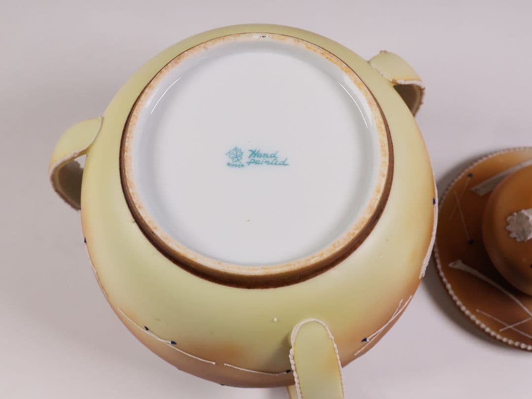 CM322】オールドノリタケ トランプ スリーハンドル 葉巻入れ 蓋物 盛上