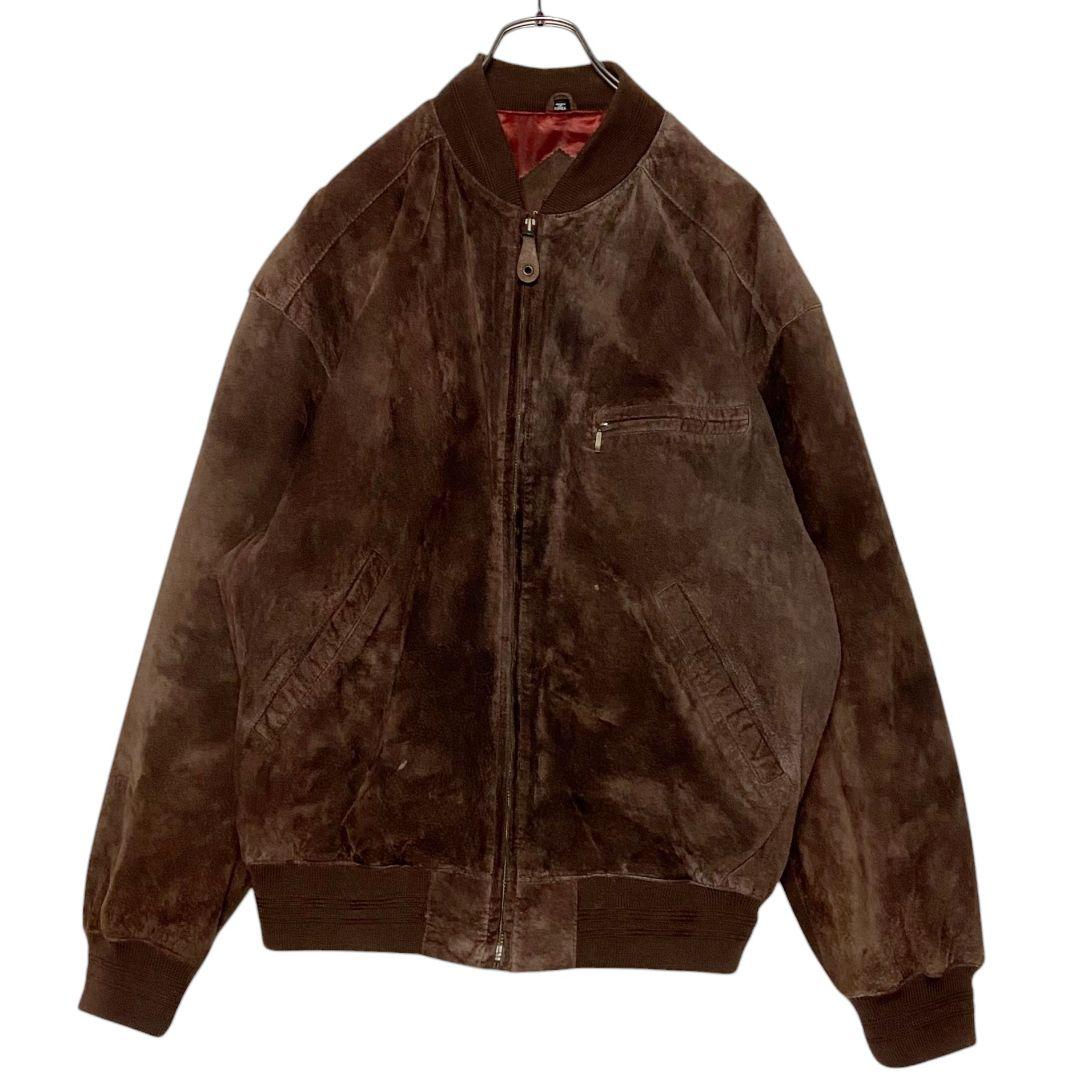 レトロ古着 豚革スエードレザージャケット ブラウン 茶 L ジップアップ