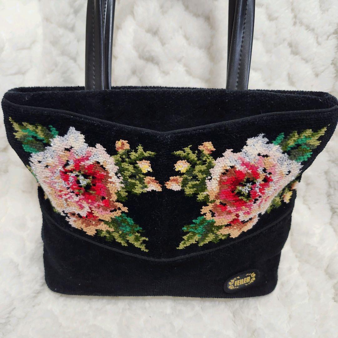 ☆美品☆【人気商品】FEILER 花柄刺繍 トートバッグ ブラック - メルカリ