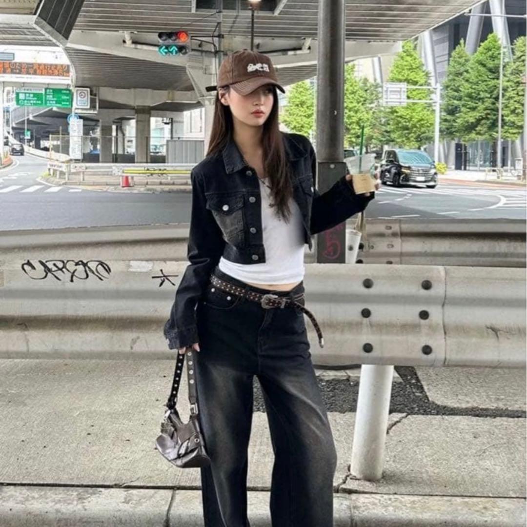 Trifle トライフル クロップドジャケットデニムセットアップ　ブラック　F NEW ARRIVALS クロップドジャケットデニムセットアップ 着用モデル 2枚