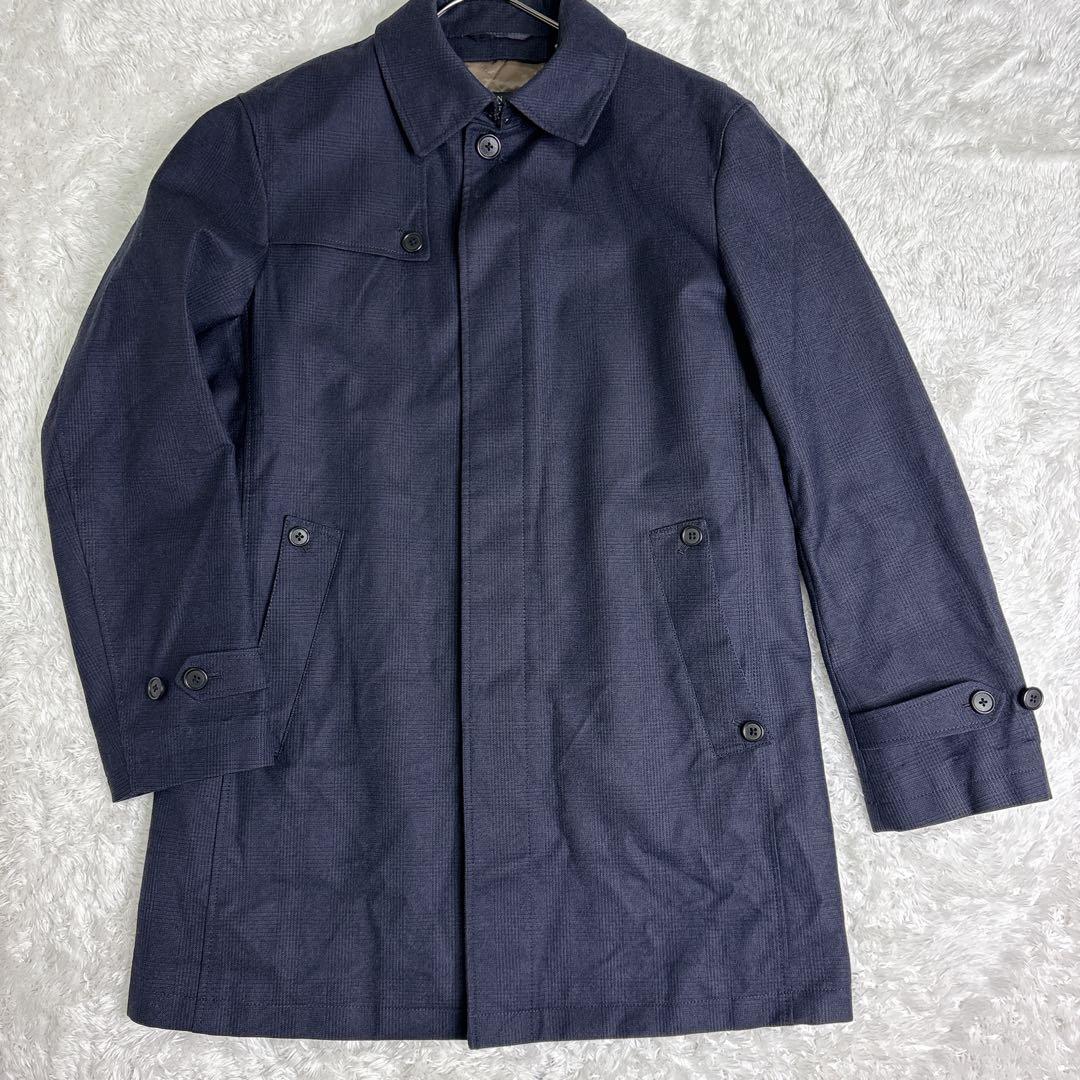 バーニーズニューヨーク ウール ステンカラーコート ネイビー/チェック XL