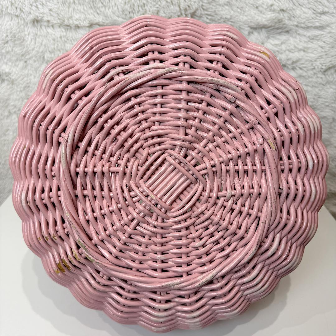 希少】 ビッグサイズ ラタンバスケット かご ピンク 昭和レトロ インテリア