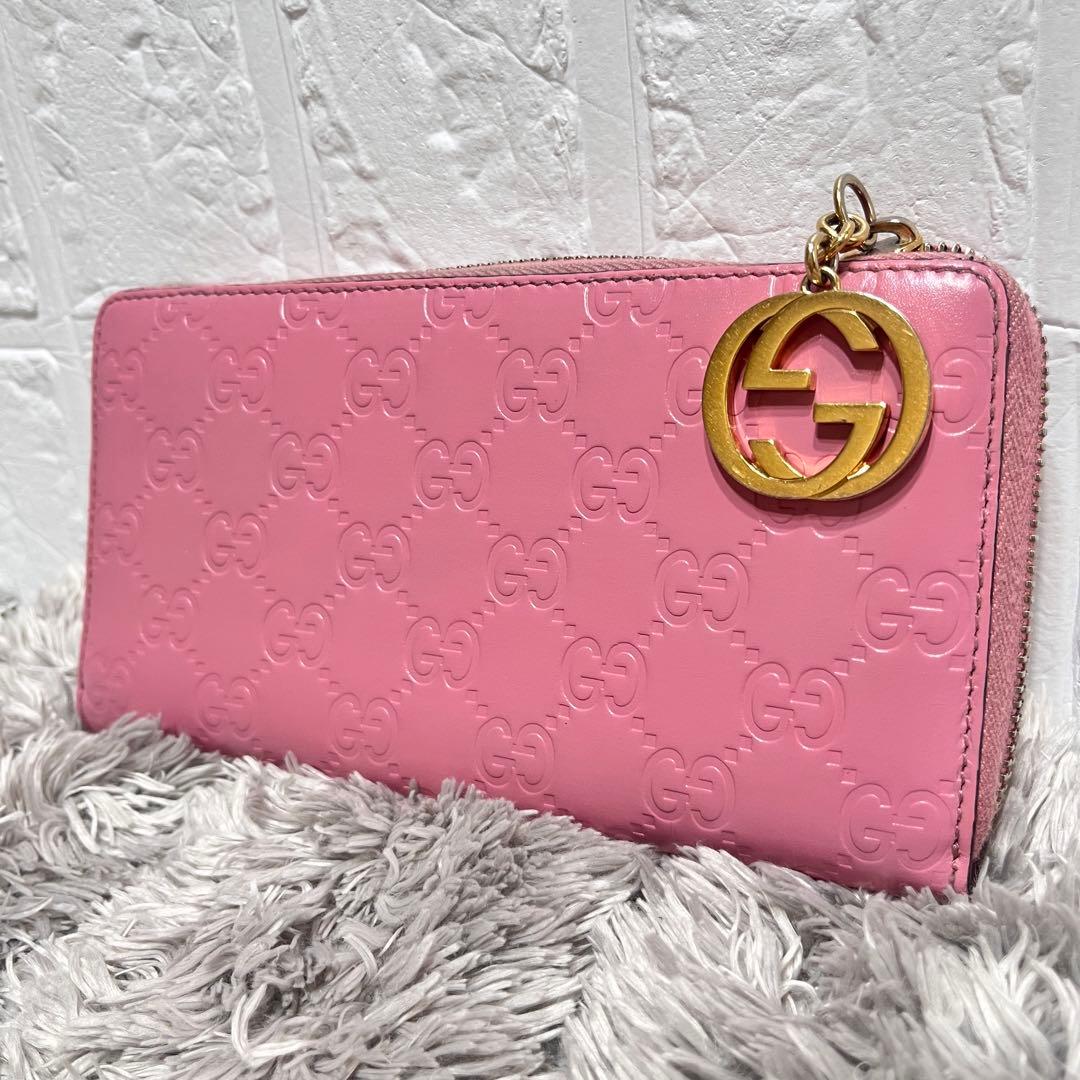 良品✨GUCCI シマ ピンク ラウンドファスナー 長財布 インター
