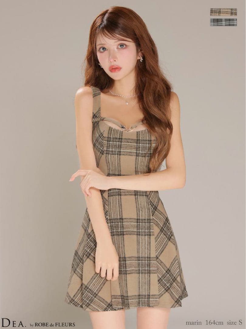 DeA. ベージュチェックキャミドレス Sサイズ XSサイズあり】ふんわり起毛チェックキャミソールフレアミニキャバ