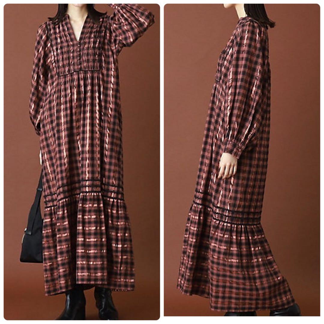 極美品✨サラマリカ コットンチェックシャーリングドレス ブラウン