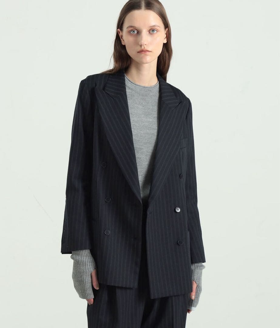 BACCA】ストライプギャバ ダブルテーラードジャケット ネイビー36