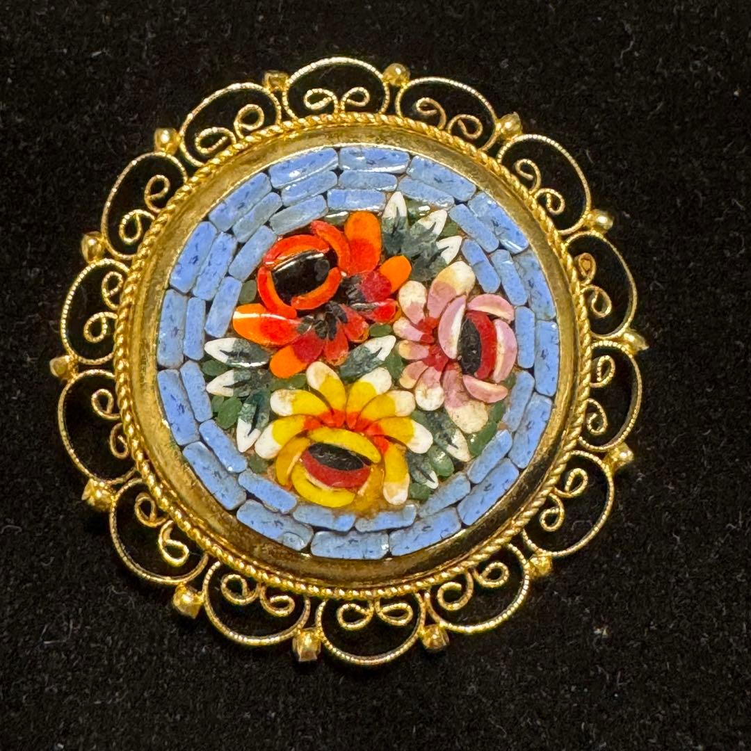 イタリア製/美品】ヴィンテージ マイクロモザイクブローチ 花モチーフ