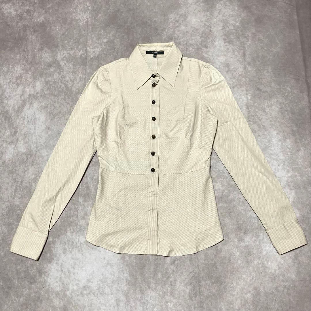 希少　グッチ　GUCCI （40） 長袖シャツ　ブラウス　ストライプ　特殊ボタン グッチ GUCCI 長袖 シャツ ワイシャツ カラーシャツ ブラウス フロント