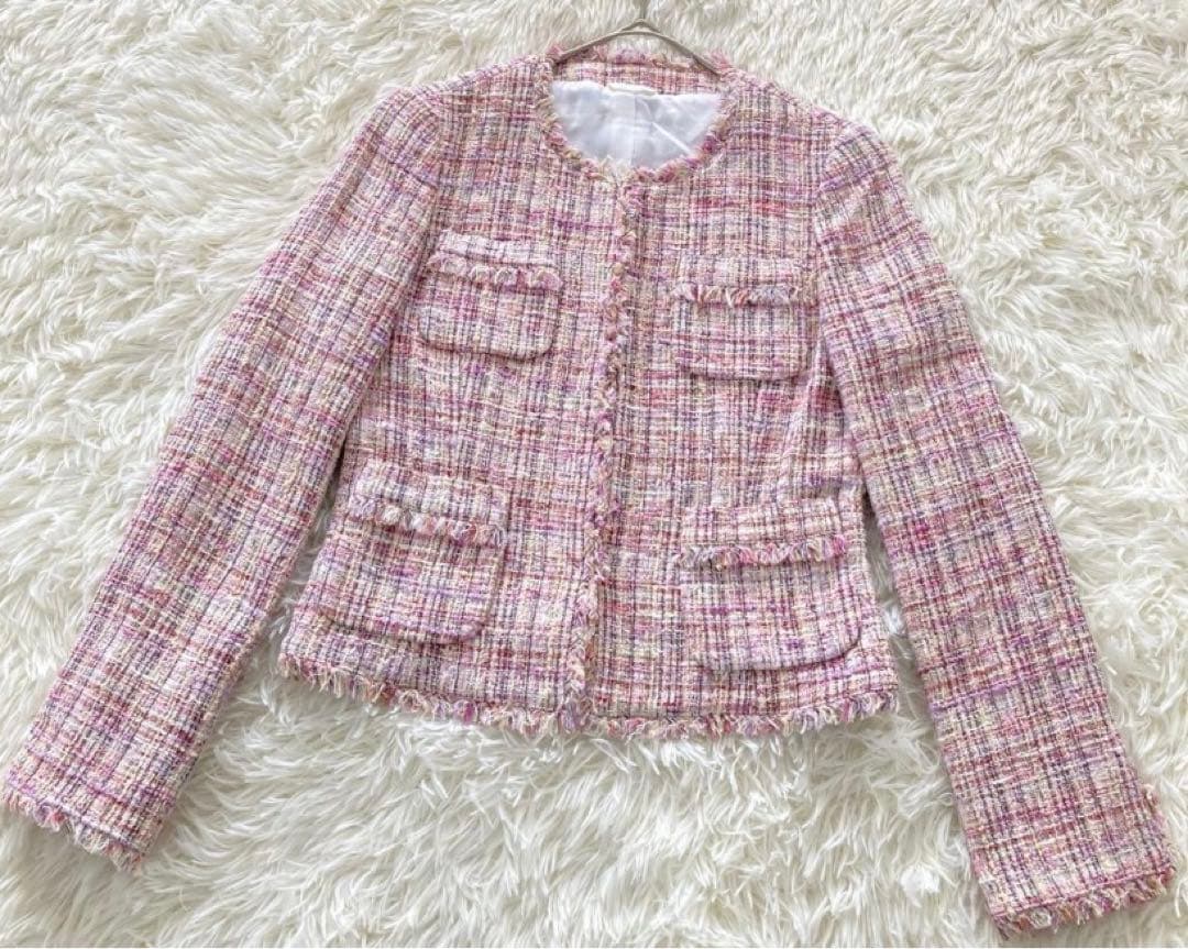 アナイ ツイード ノーカラー ジャケット ピンク 38 フロントホック