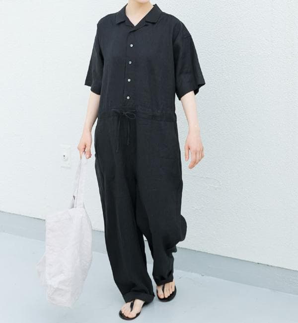 【即配送】かぐれ リネンハーフスリーブオールインワン ブラック かぐれ リネンハーフスリーブオールインワン : マルイ(丸井)Yahoo!店