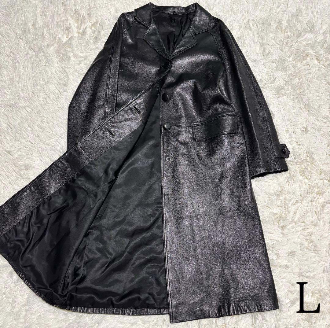 vintage】本革 マキシ丈リアルレザーロングコート レディース ブラック