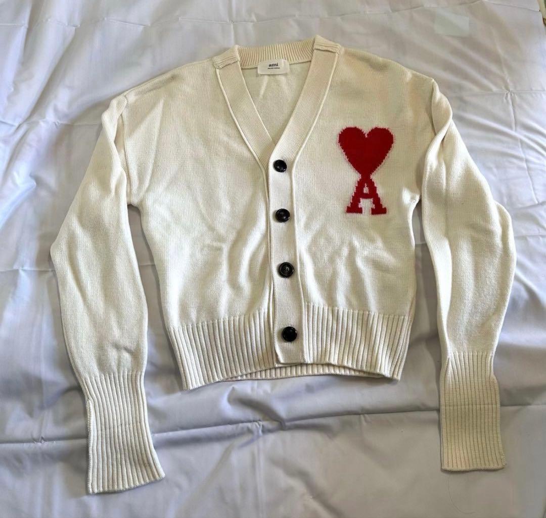 アミパリ☆カーディガン☆男女兼用☆ホワイト☆ハート☆ウール100%☆XS