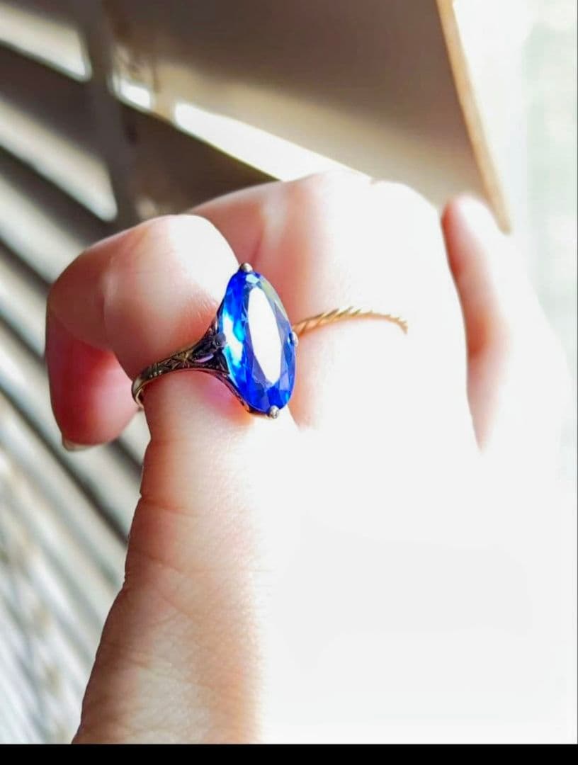 希少✨️戦前✧*。K18 合成サファイア 2色金 昭和ヴィンテージリング