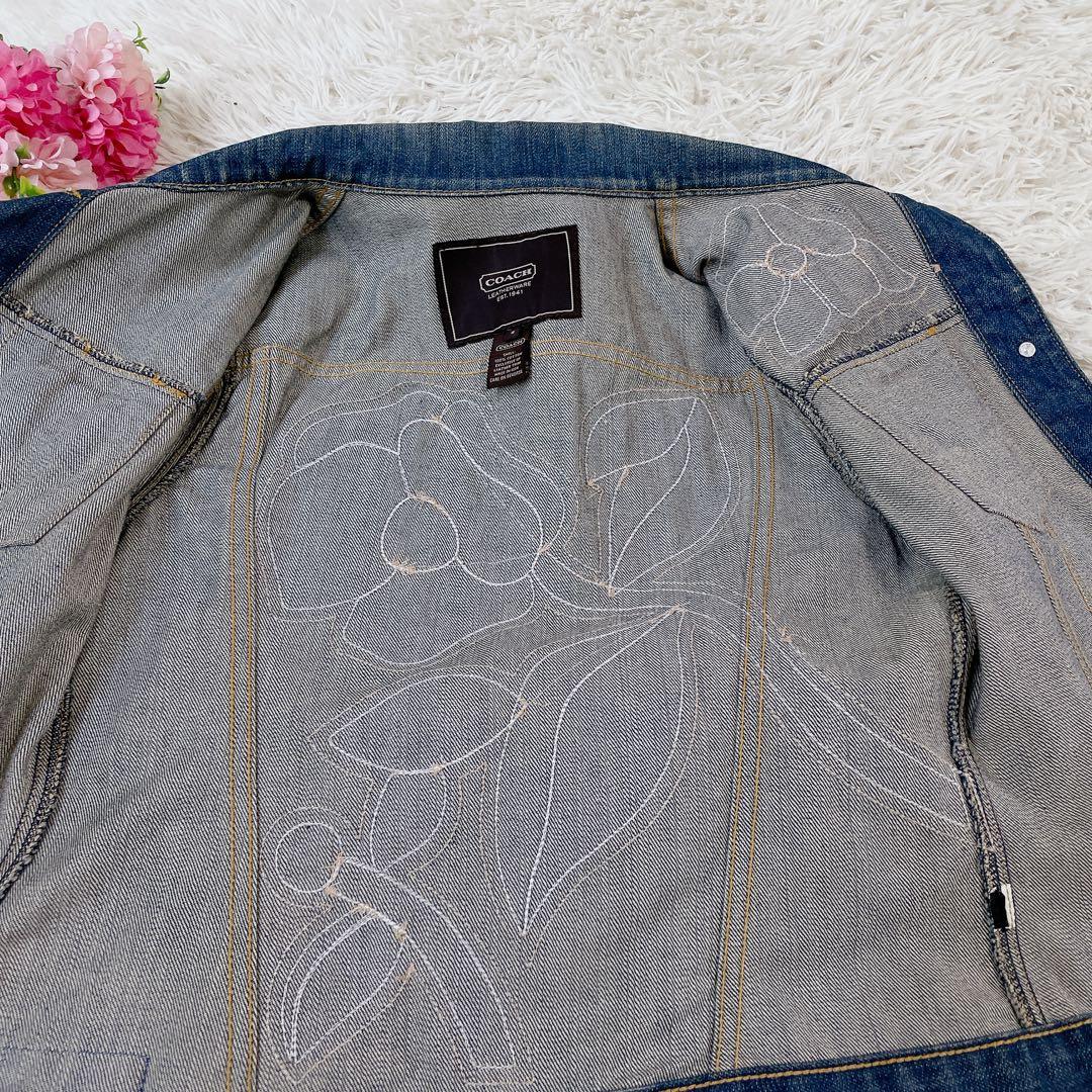 希少 コーチ 本革花柄レザー刺繍 デニムジャケット ヴィンテージ S
