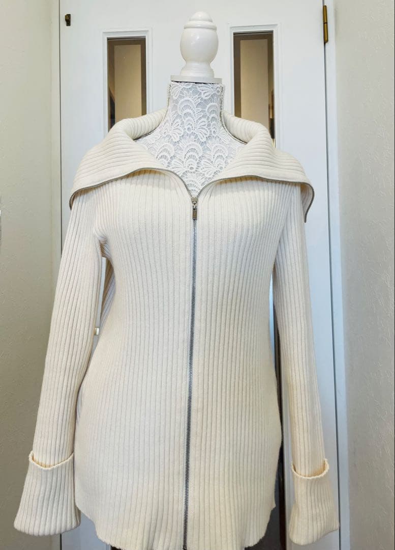 FOXEY リブニット ジップカーディガン 38 M カシミヤ混 ビッグカラー