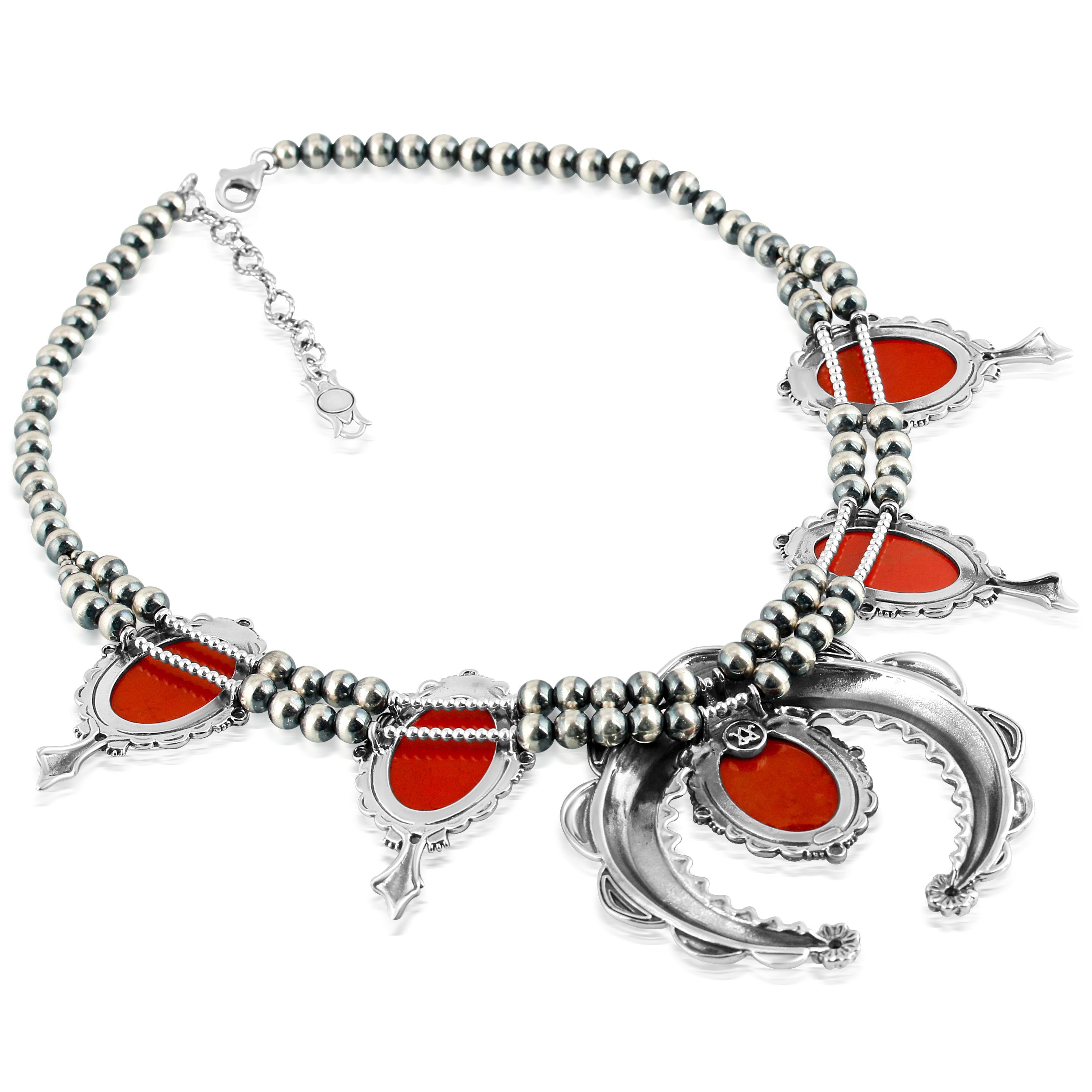 Sterling Silver Red Jasper Squash Blossom Naja Necklace – American