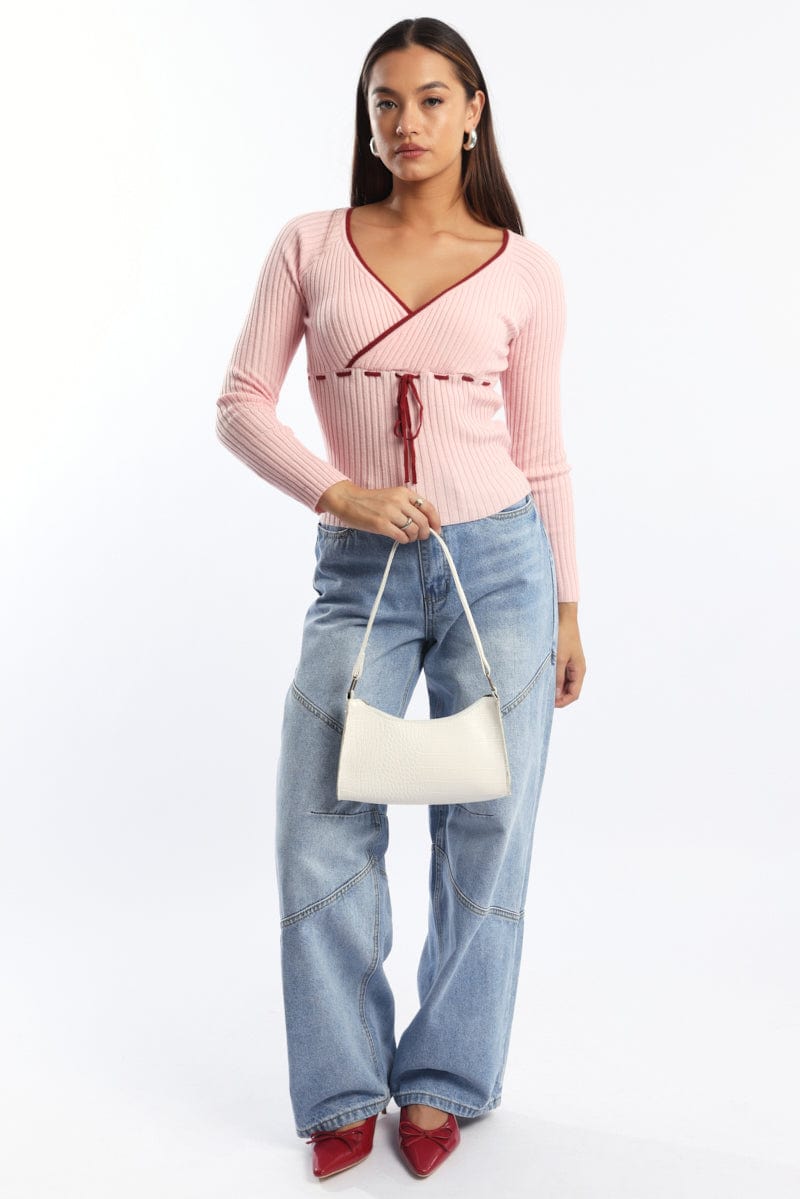 Pink Knit Top Long Sleeve Wrap Front Contrast Ribbon | Ally Fashion