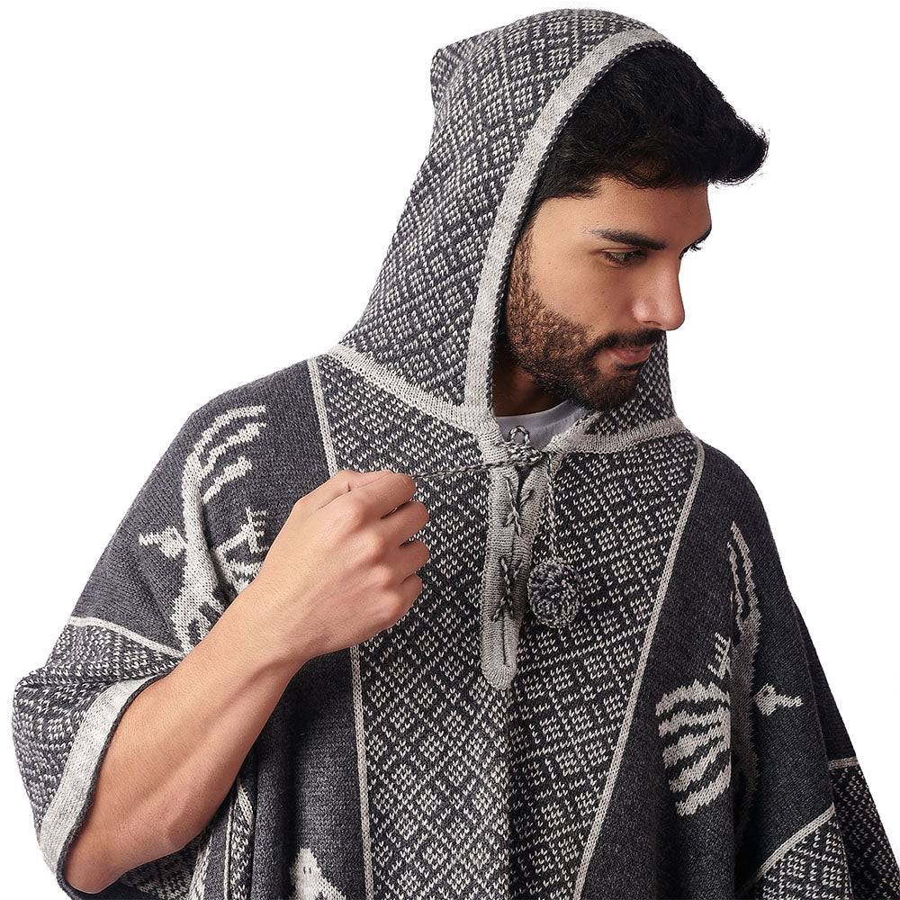Alpaca Wool Hooded Poncho Unisex Nazca Lines