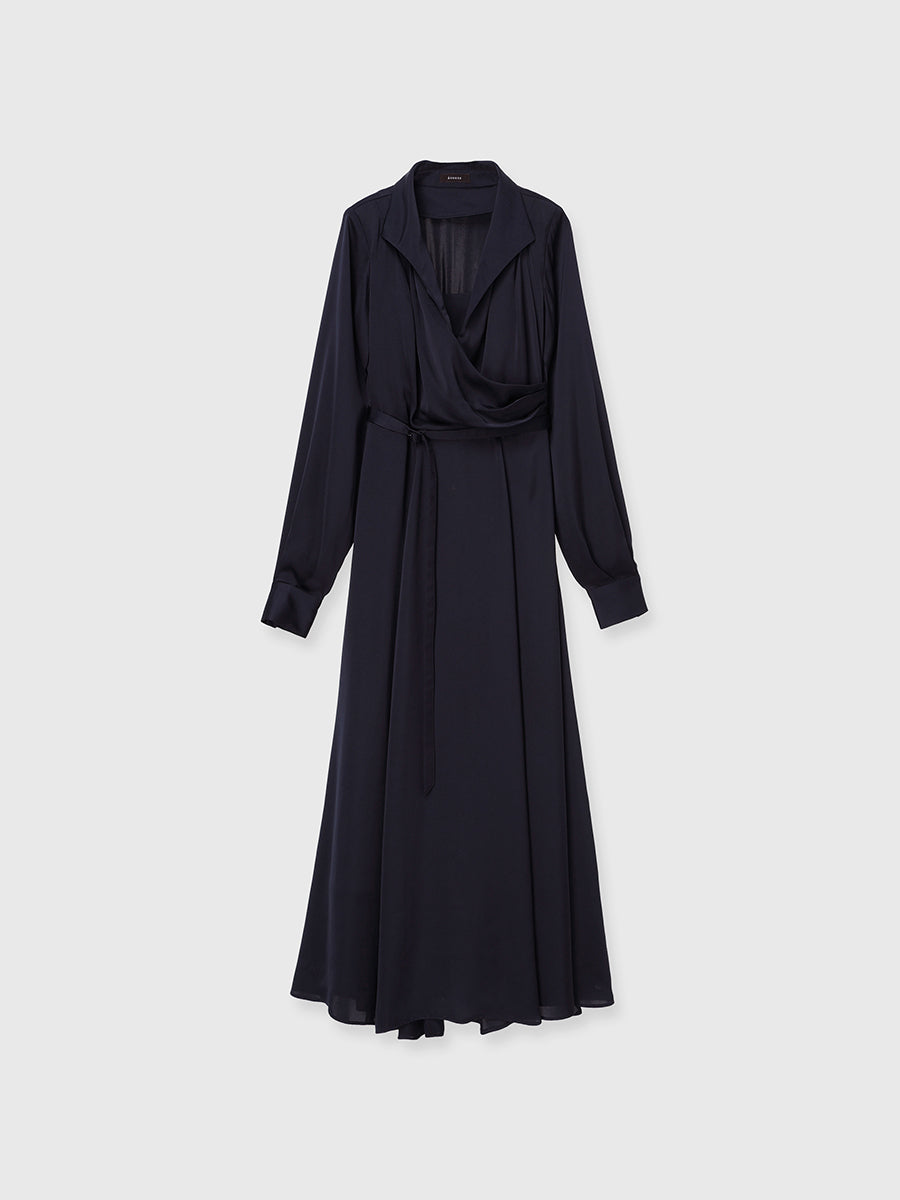 サテンオープンカラーフレアワンピース