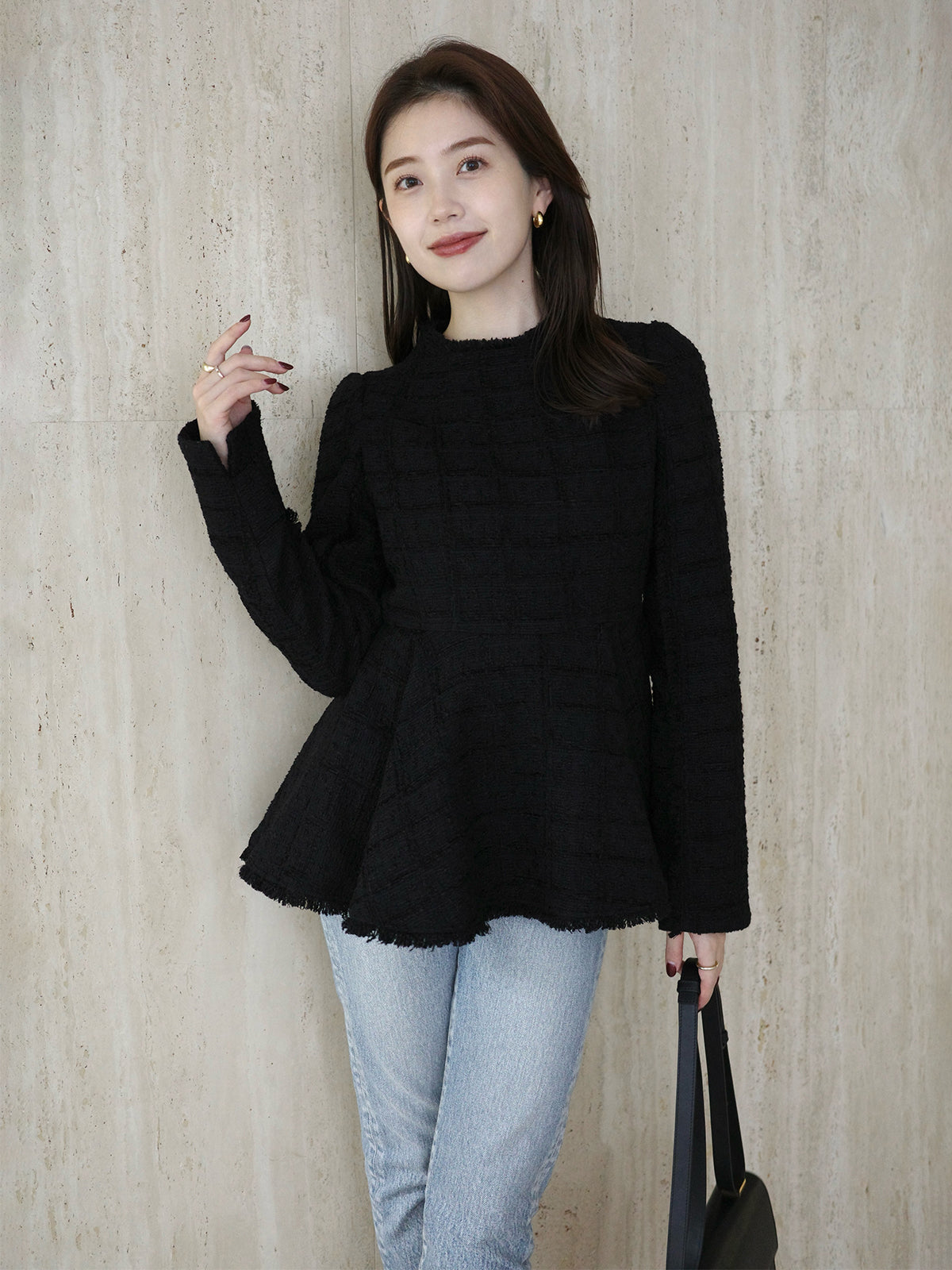 未使用】anuans ケープデザインツイードペプラムブラウス アニュアンス