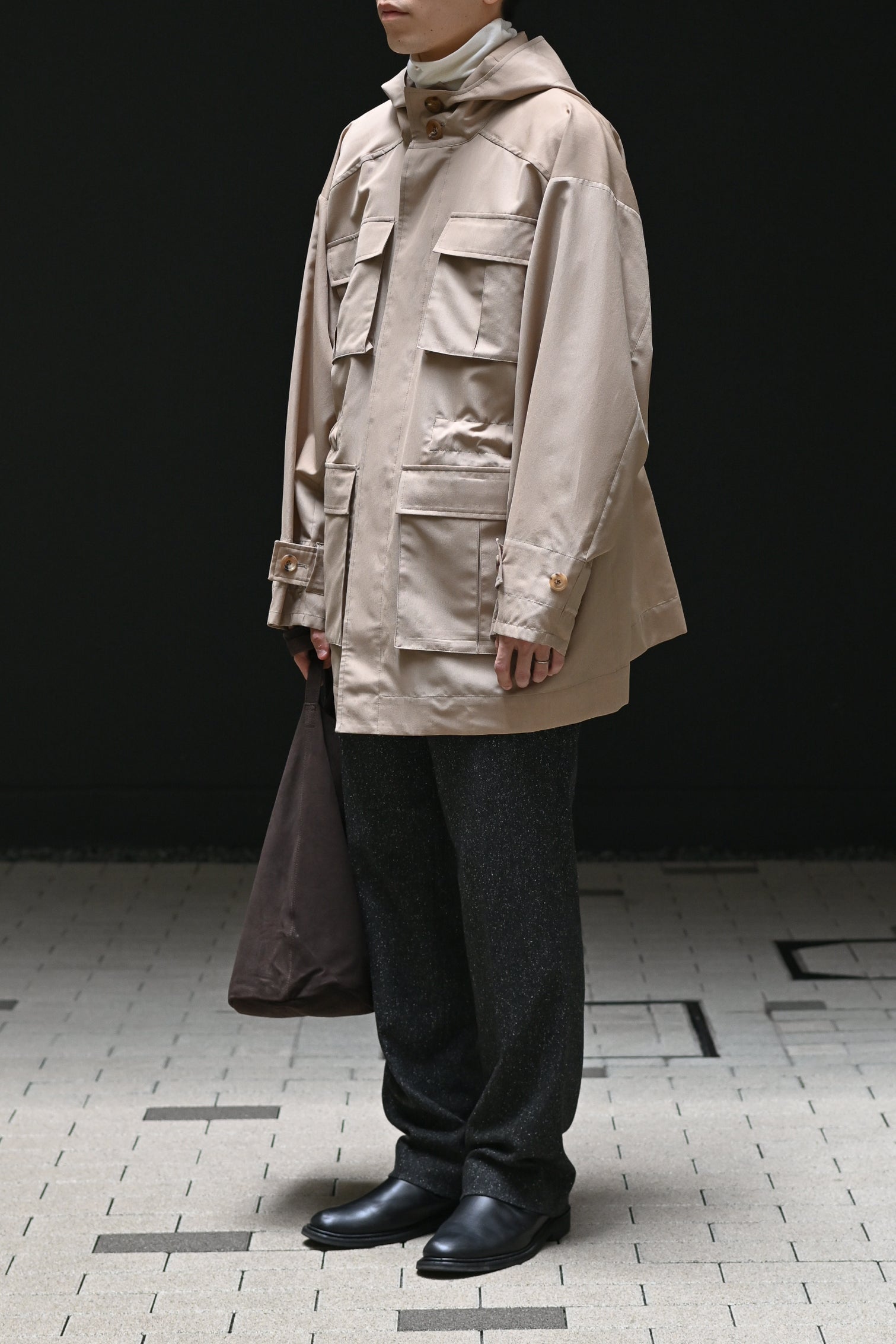POSTELEGANT / Wool Silk Utility Coat -BEIGE – and father