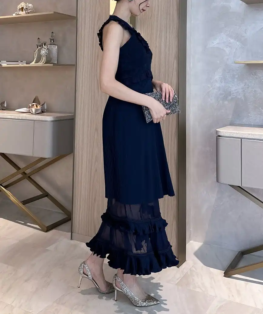 アメリカンスリーブレースロングドレス―ネイビー-S