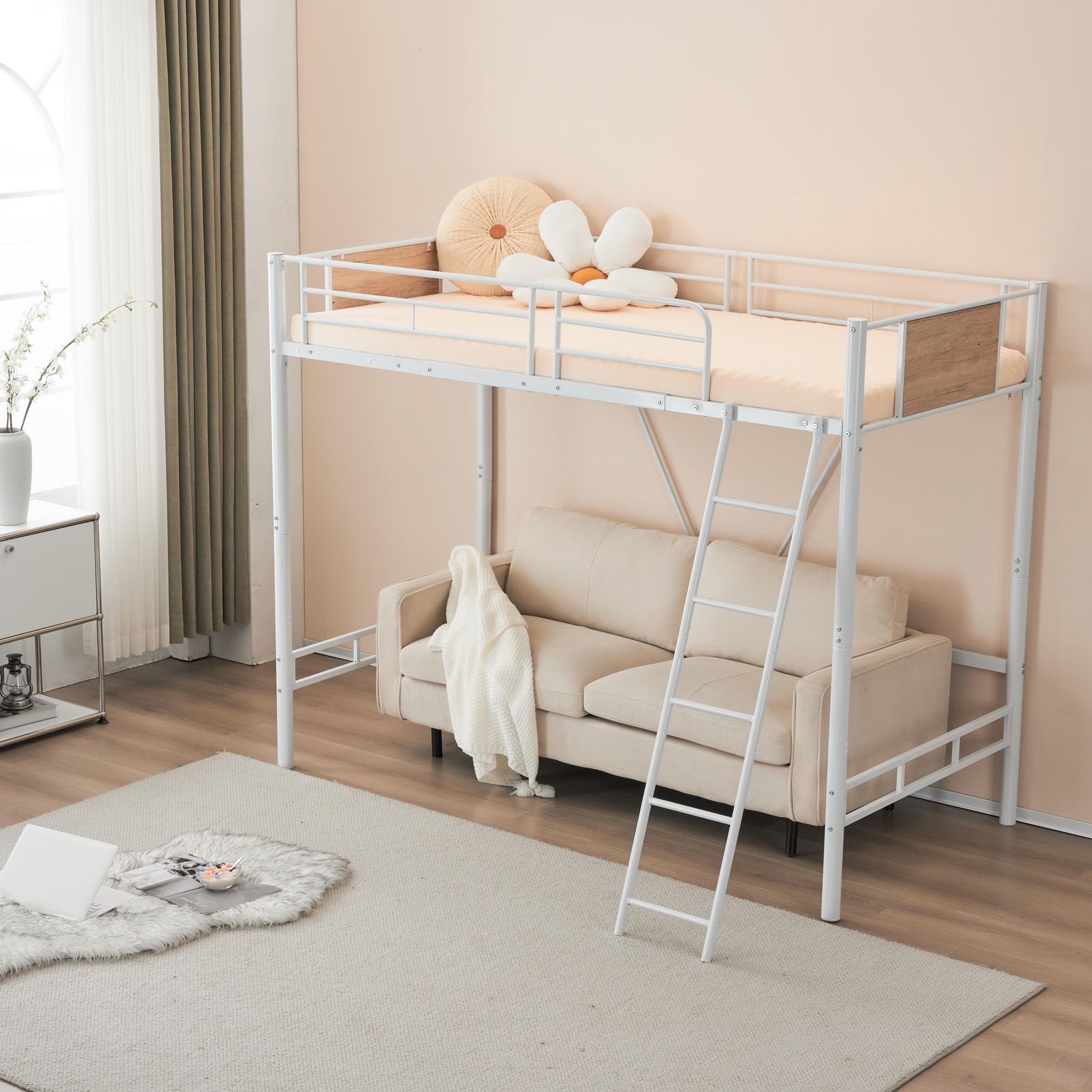 新品】ホワイト ロフトベッド パイプベッド シングル 木 収納 北欧風