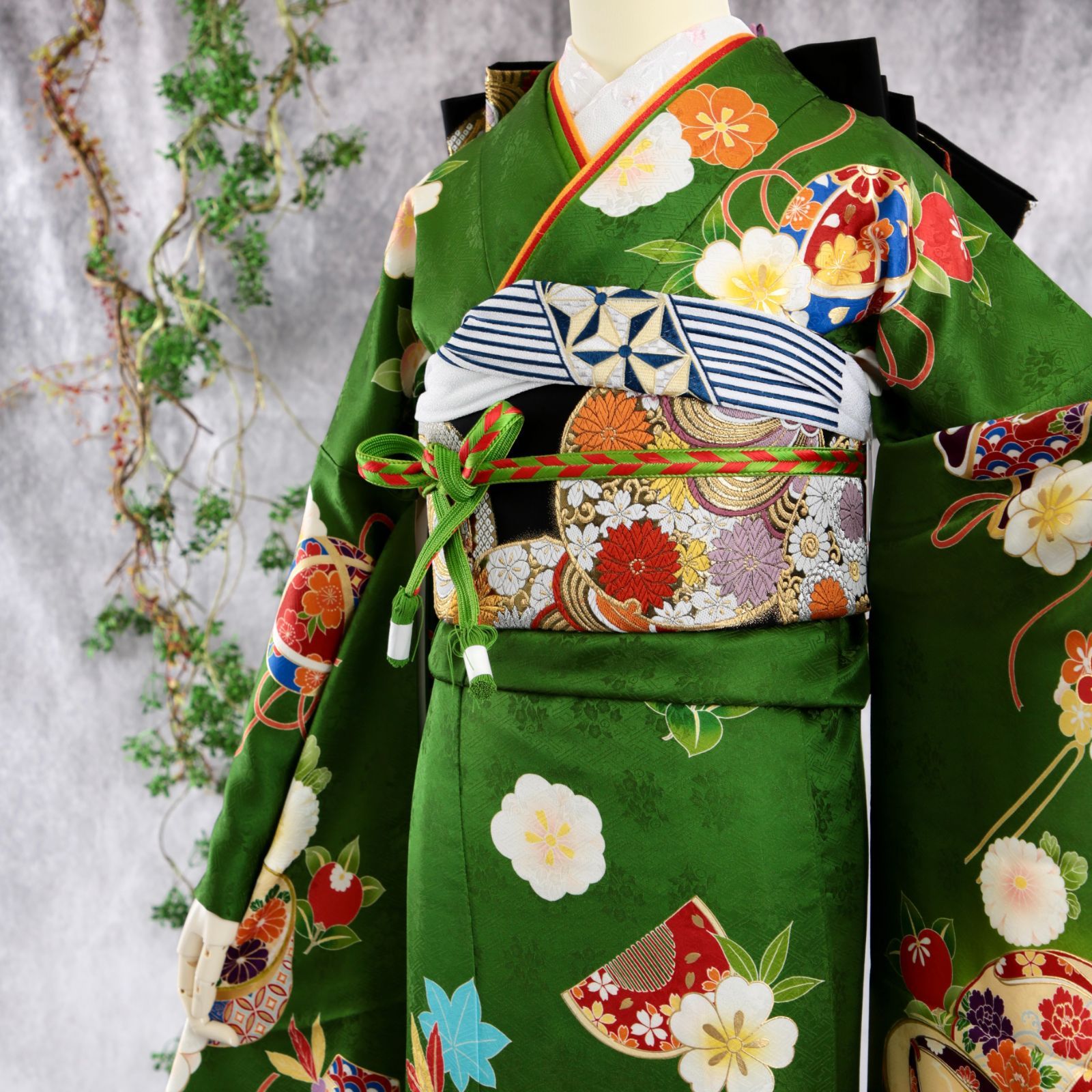 振袖フルセット 振袖セット 振袖 Lサイズ 中古 緑×古典 美品 成人式