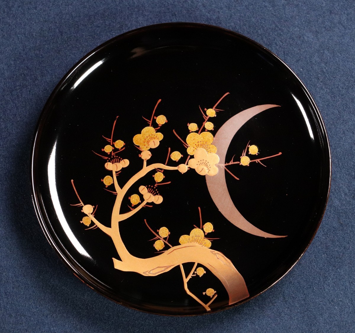 CF85 時代輪島塗 梅に月 金蒔絵 黒塗木皿 五客 約14cm 菓子取皿 木製