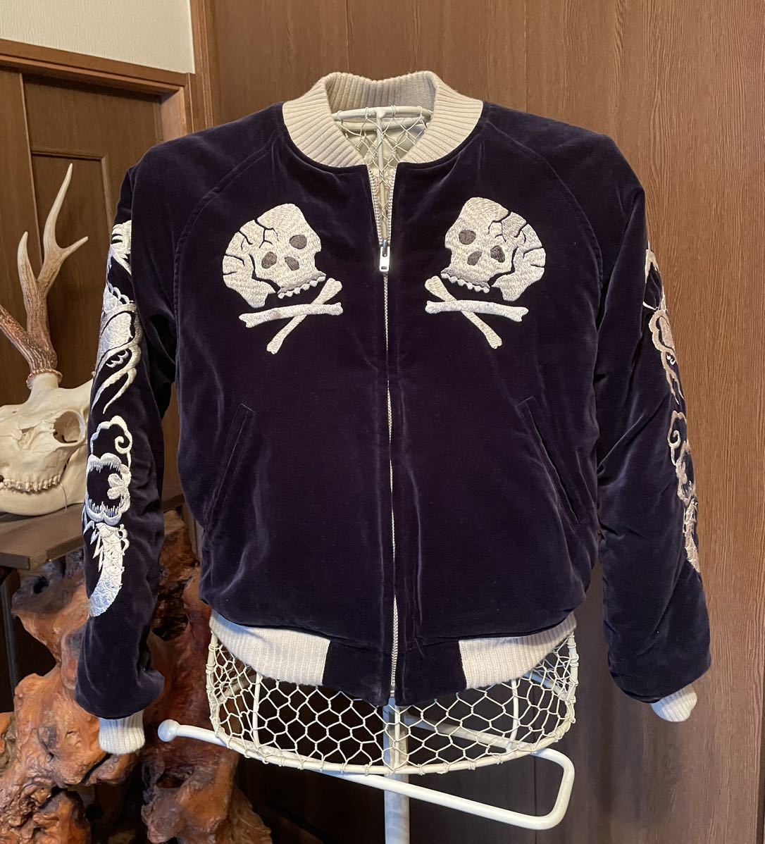 送料無料 美品 THE FLAT HEAD フラットヘッド 髑髏×龍刺繍 別珍