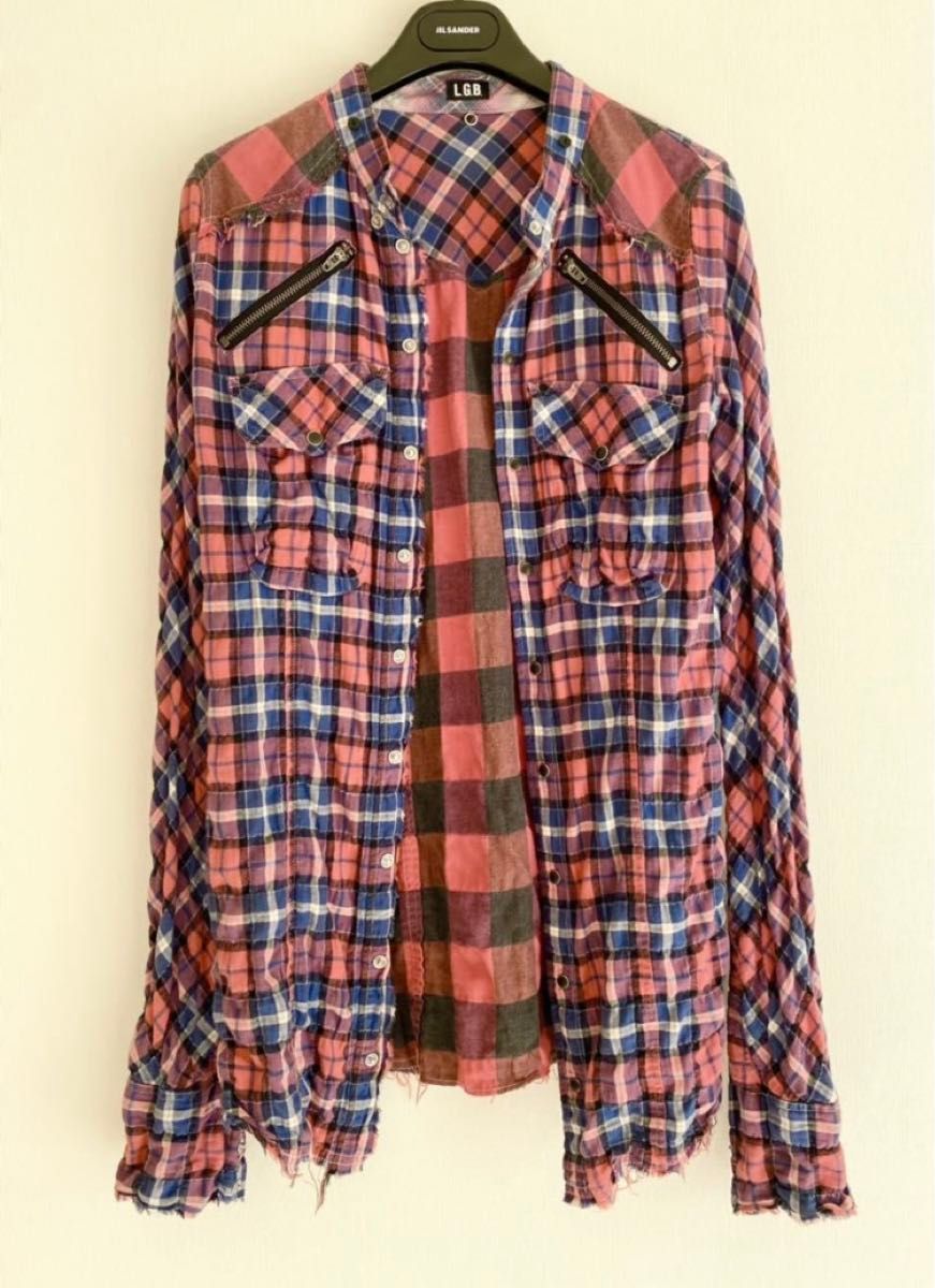 美品 LGB ルグランブルー ダメージ チェックシャツ 0 レディース 2way