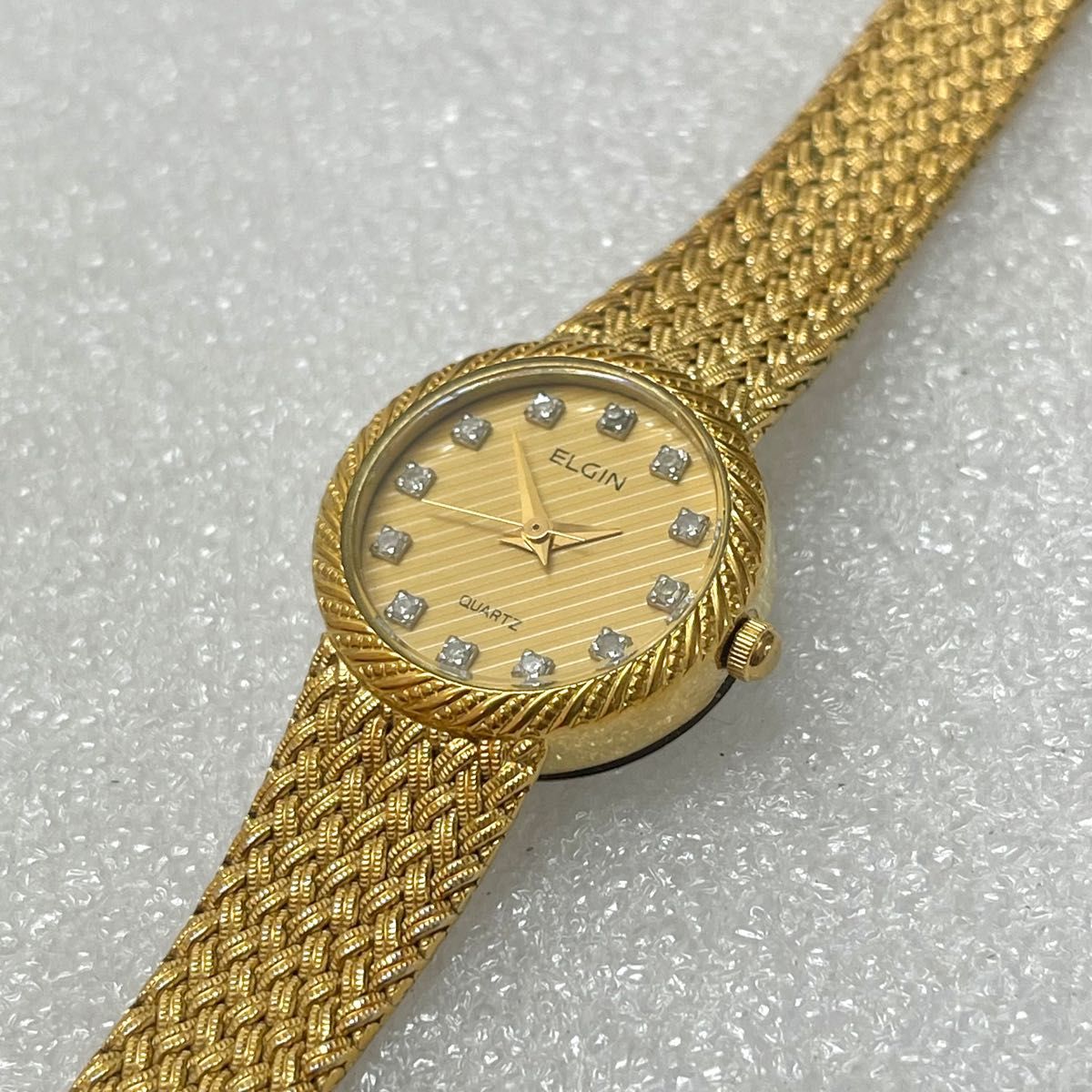 稼働 ELGIN レディース腕時計 ビンテージ 12Pダイヤ ゴールド メッシュ