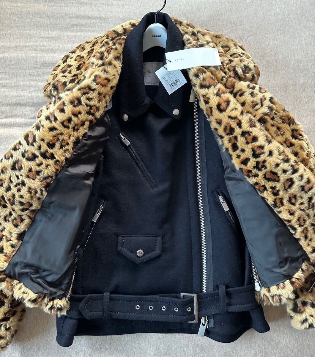 新品49%of sacai レオパード フェイクファー ライダースジャケット