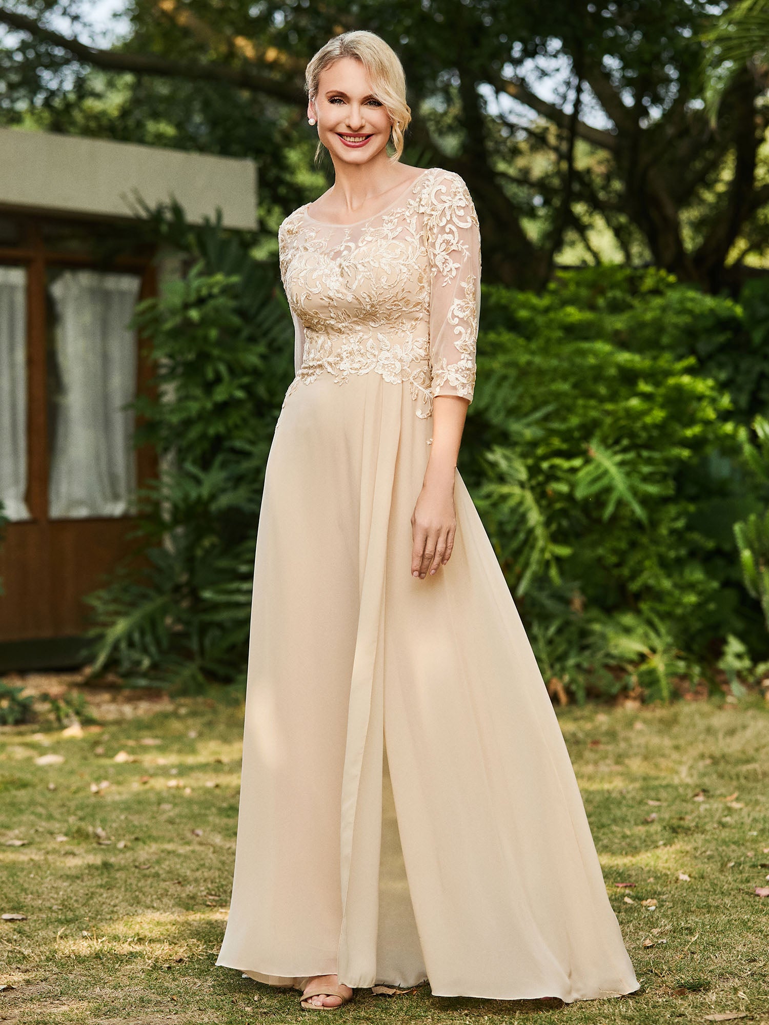 Illusion Neckline Lace Appliqued Jumpsuit Champagne – BABARONI