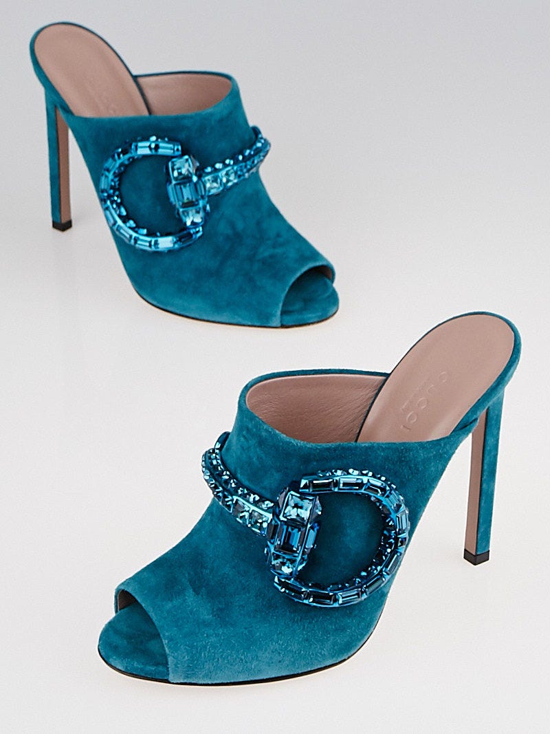 Gucci Turquoise Suede and Maxime Crystal Horsebit Mule Heels Size