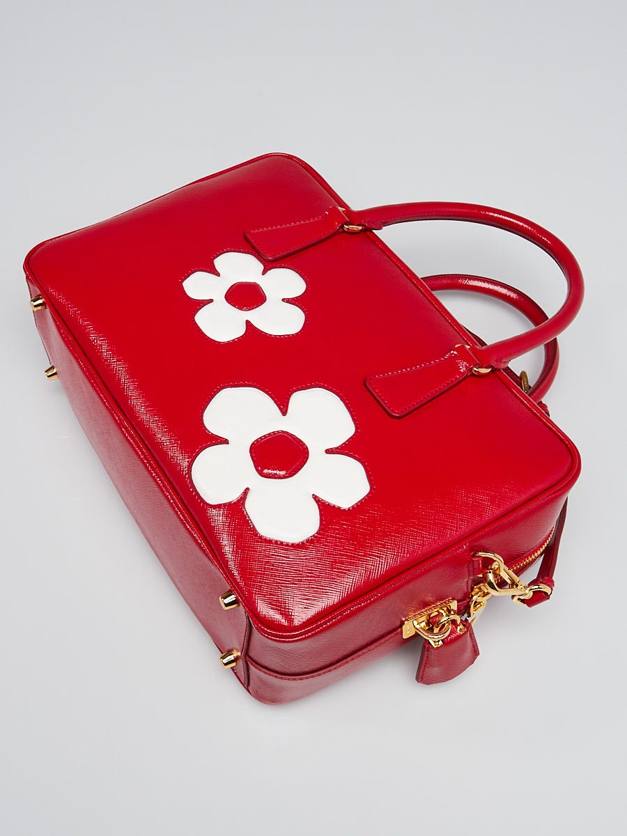 Prada Rosso Saffiano Vernice Patent Leather Flower Top Handle