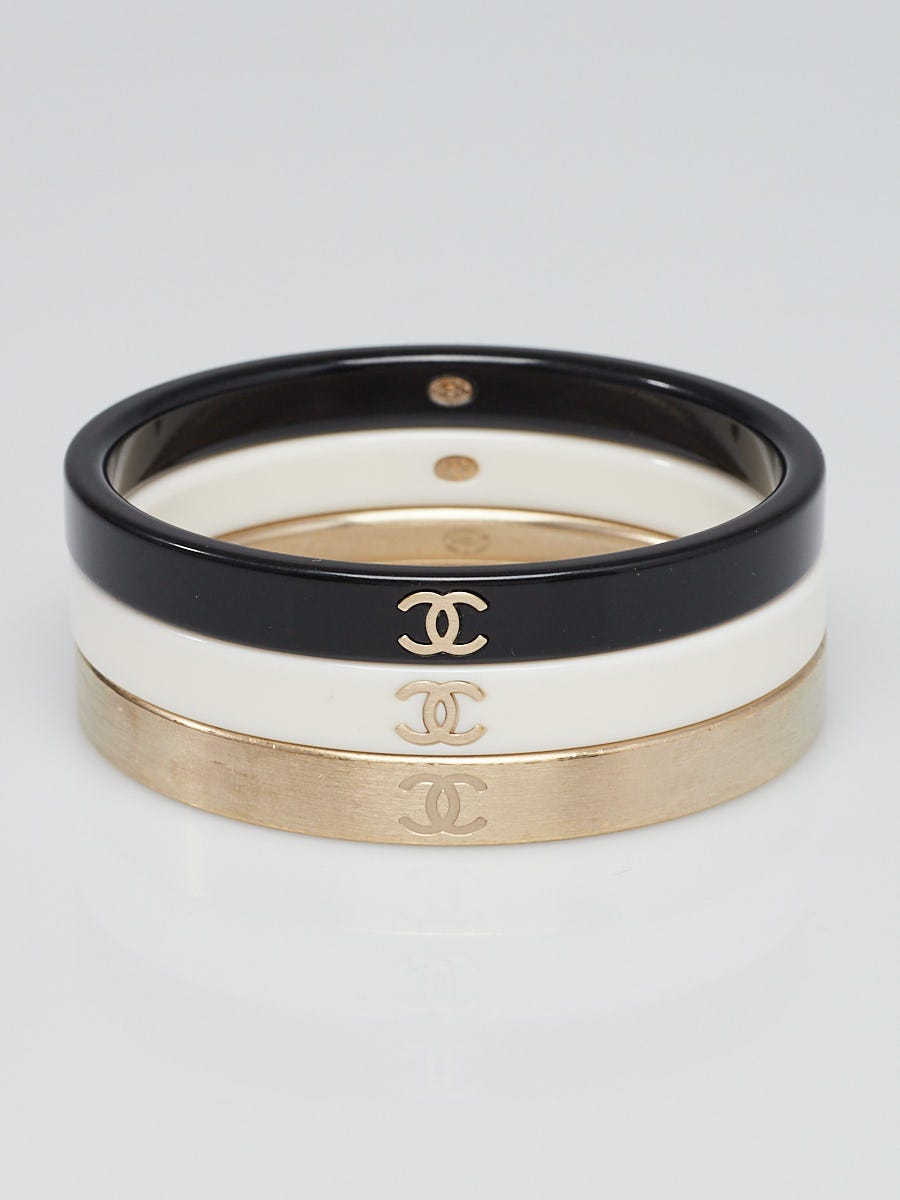 Chanel Black/White/Gold Three Set Skinny Bangle Bracelets